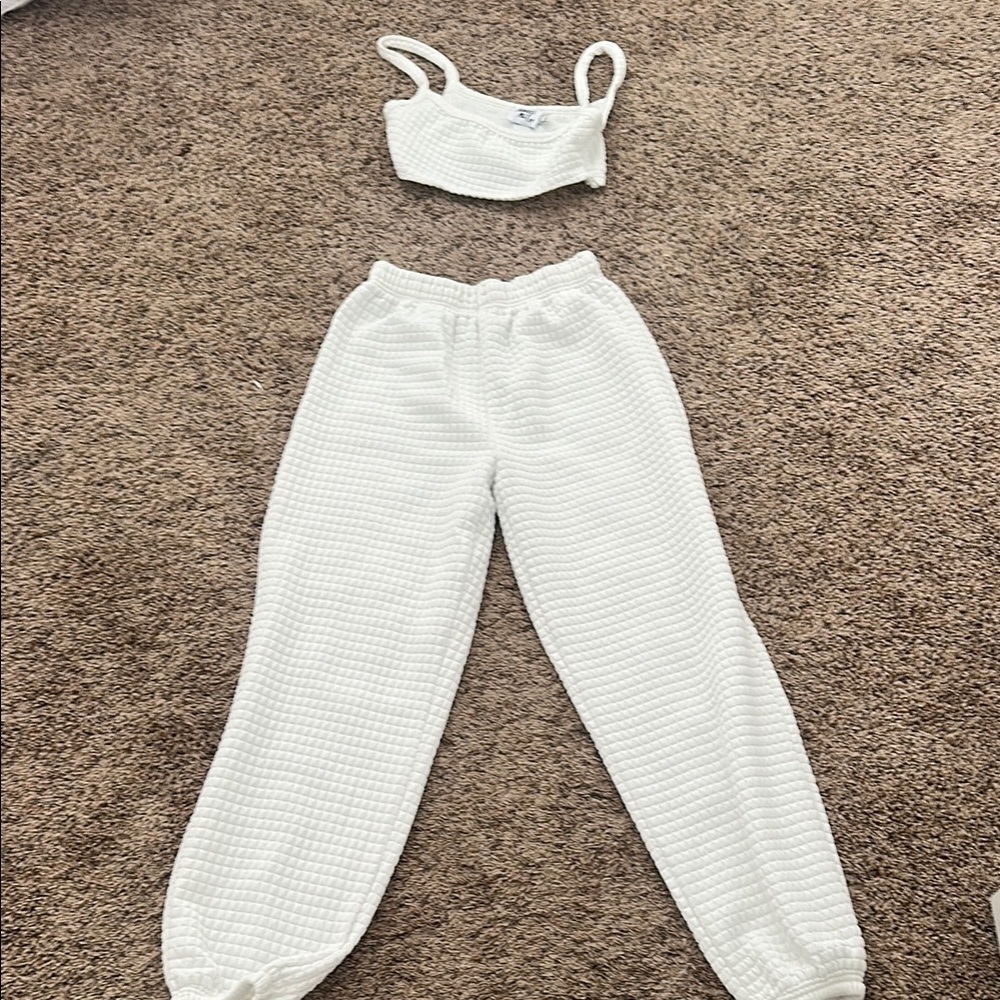 White Textured Crop Top and Joggers Set